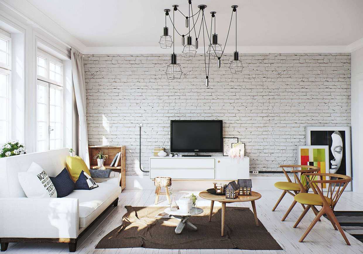 Spacious living room design with white brick walls