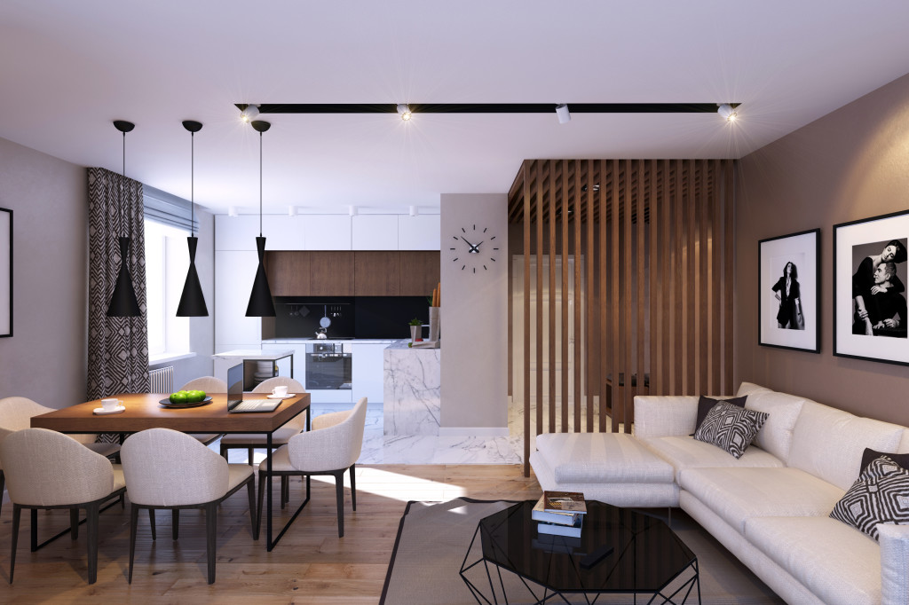 Plasterboard ceiling in the interior of a studio apartment