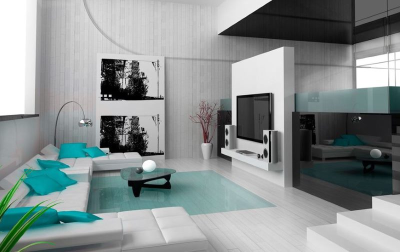 Turquoise pillows on a white sofa