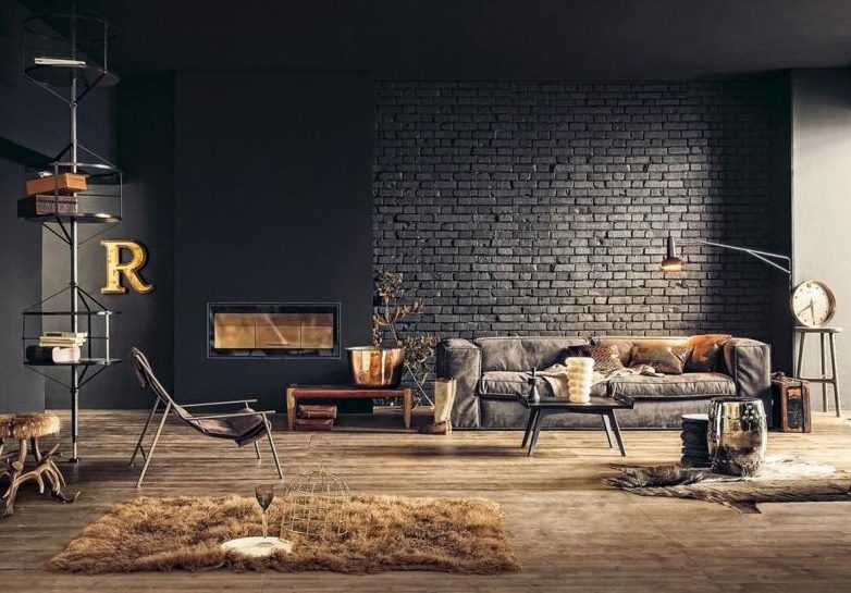 Black brick wall in the living room interior