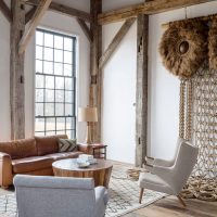 Living room interior with wooden racks