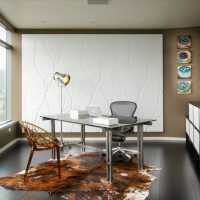 White panel throughout the wall of the kitchen-dining room