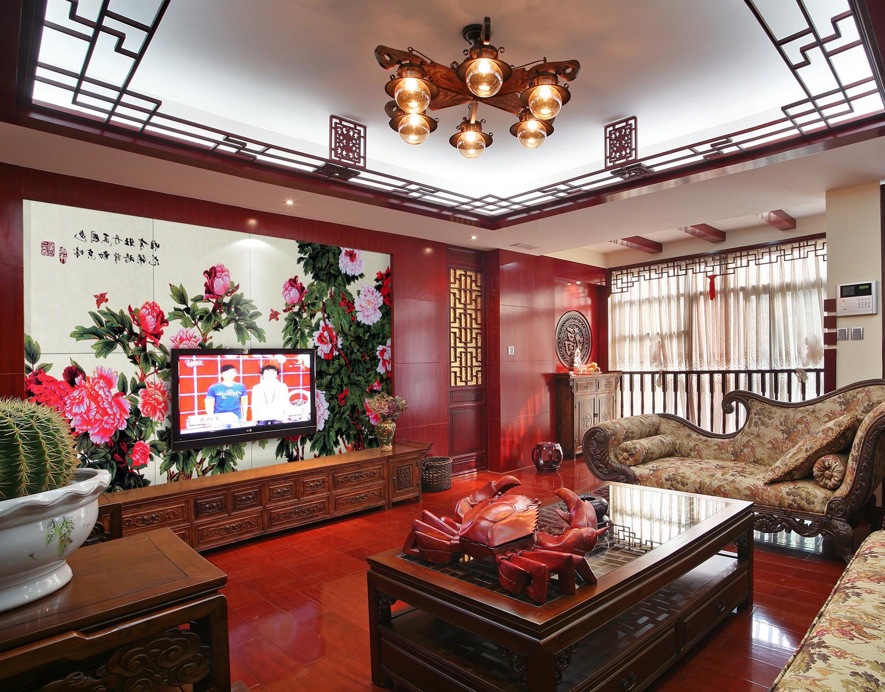 Wooden coffee table on the red floor