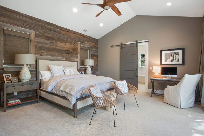 White ceiling in the bedroom with light flooring