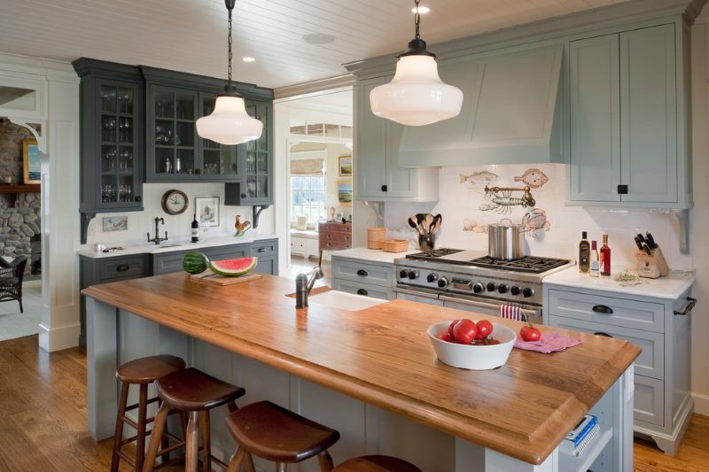 Kitchen island with a wooden surface