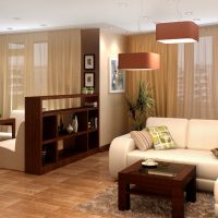 Beige curtains on the windows of the kitchen-living room