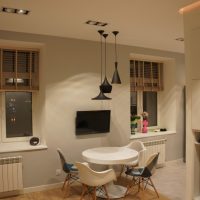 Bamboo blinds on the windows of a studio apartment