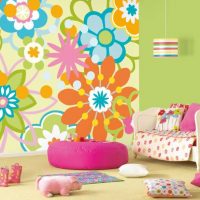 Bright flowers on the wallpaper in the nursery