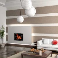 Striped walls in the living room with fireplace