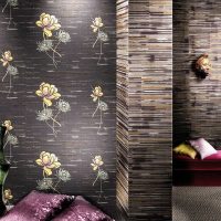 Dark wallpaper with flowers in the interior of the room