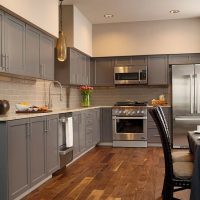 Wooden floor in gray kitchen