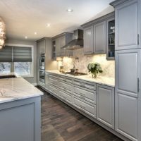 Linear kitchen with bright work area lighting