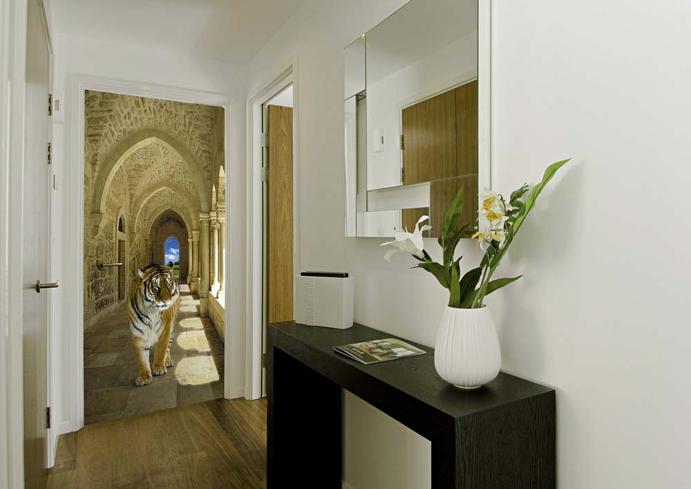 Realistic photo wallpaper in narrow hallway design