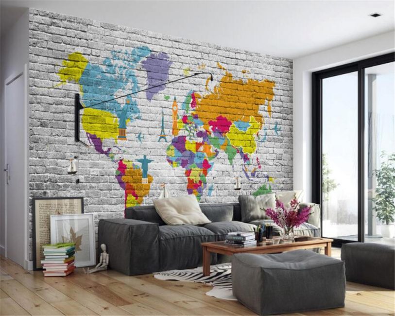 World map graffiti on a brick wall of a living room