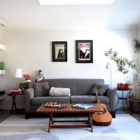 Two paintings over a gray sofa