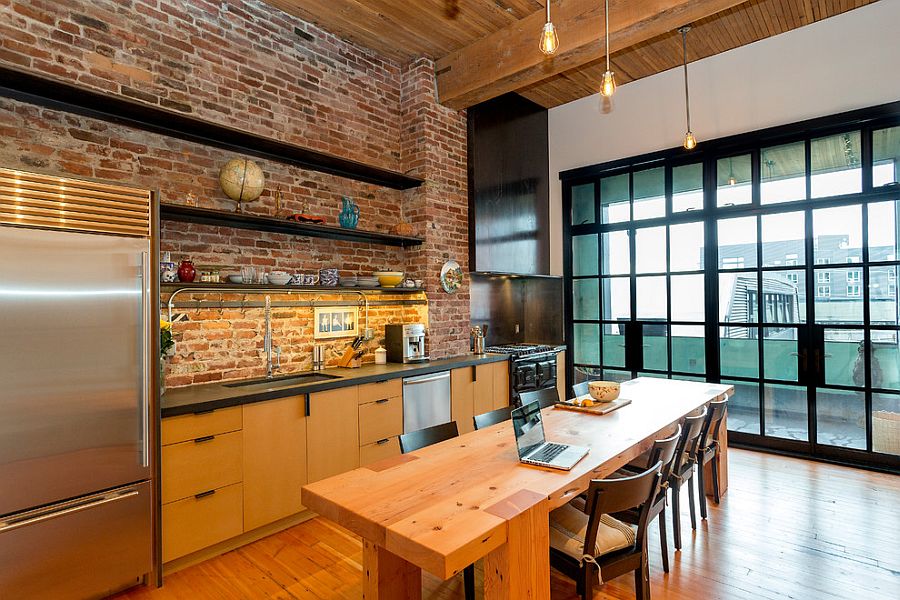 Open shelves on the brick wall of the kitchen