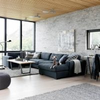 Wooden ceiling in the living room with large windows