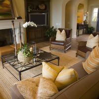 Orchid on a coffee table in front of a fireplace