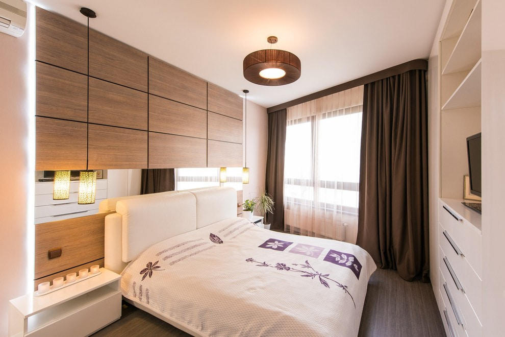 Bedroom interior with brown curtains