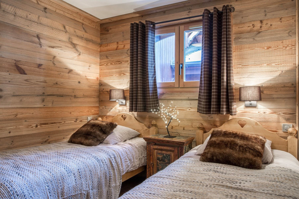 Children's room interior with brown curtains for two children