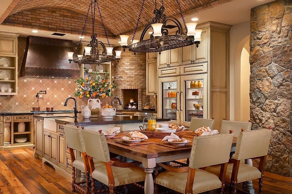 Wooden dining table in a beautiful kitchen