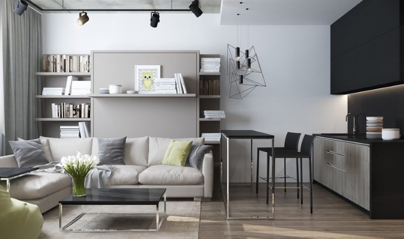 Design of a kitchen-living room in gray