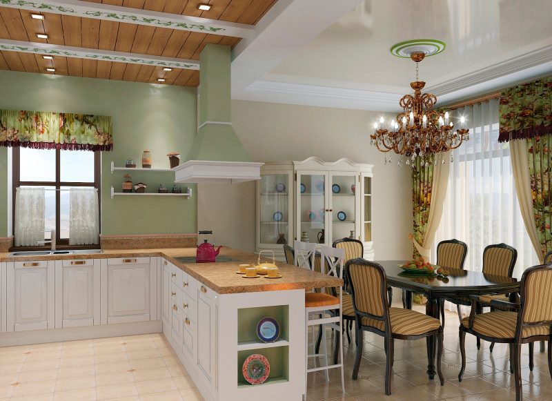 Wooden ceiling over the working area of ​​the kitchen-living room