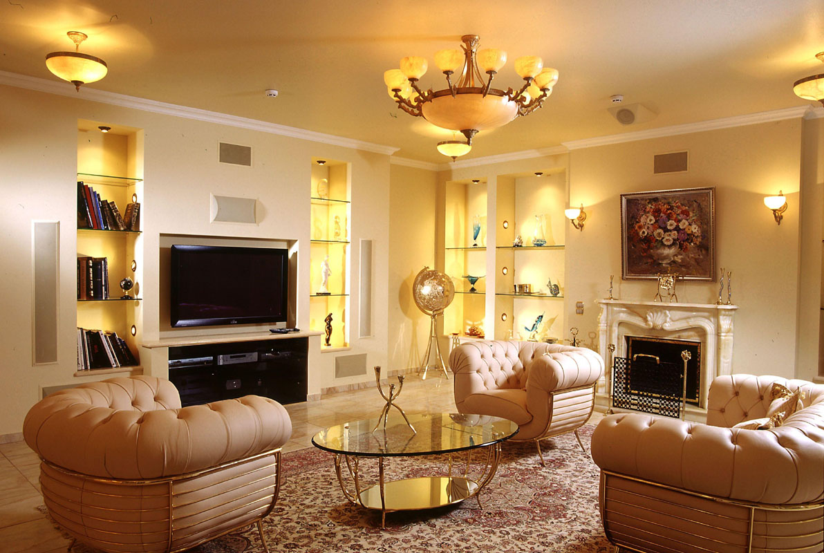 Multi-level lighting in the interior of a spacious living room