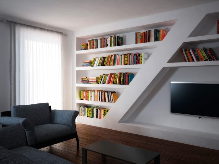 Storage of books in a niche with shelves