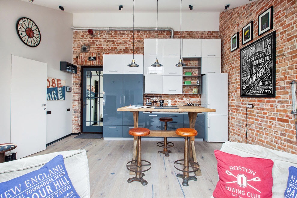 Brick wall in the interior of a beautiful kitchen