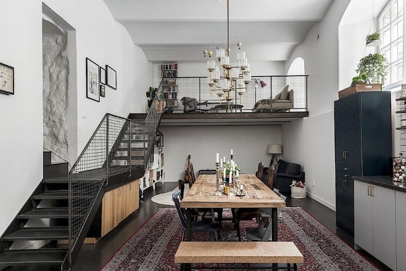 Large wooden table in the loft style living room