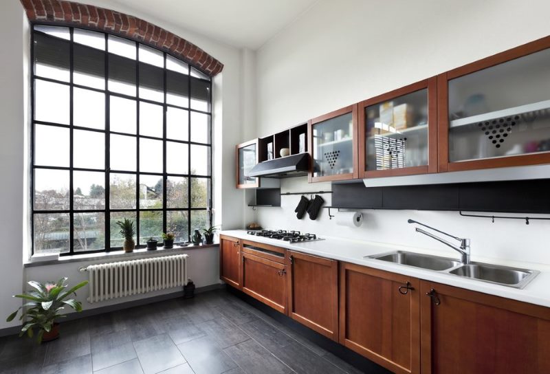 The interior of a beautiful linear kitchen