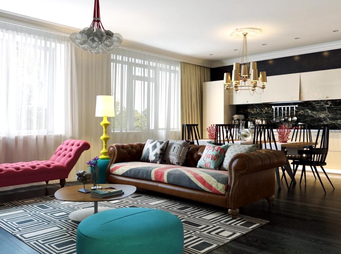 Two chandeliers of different styles on the kitsch-style living room ceiling