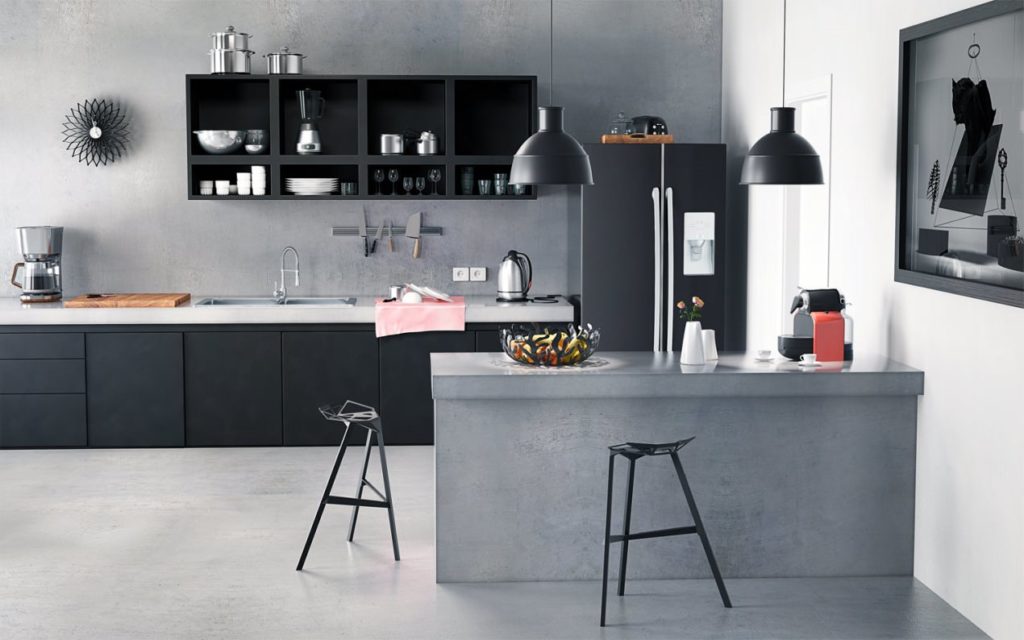 Kitchen interior in gray and white