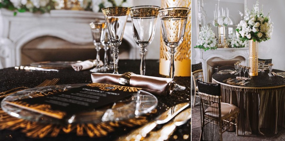 Luxurious art deco table with a bouquet of flowers