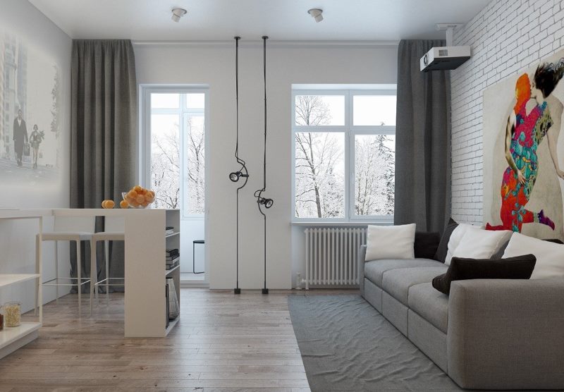 Kitchen-living room interior with balcony door