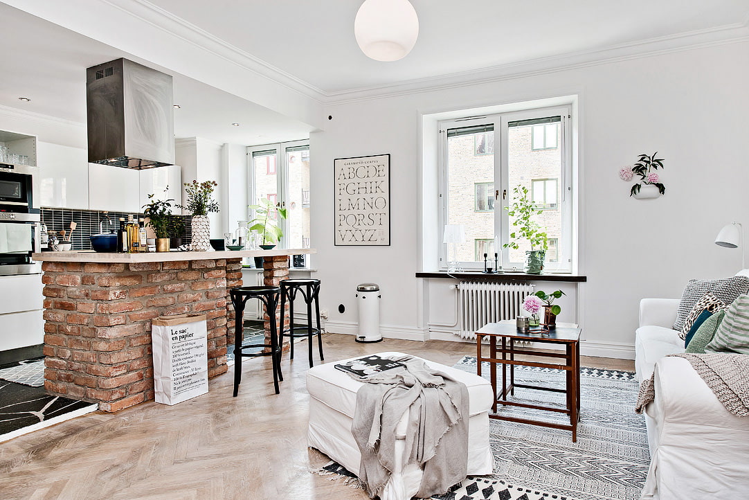 Red brick bar counter in a white living room