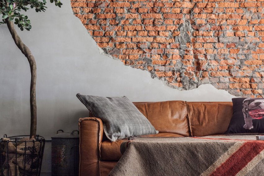 Brick wall decoration over the sofa