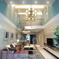 Multi-level chandelier on the ceiling of the living room