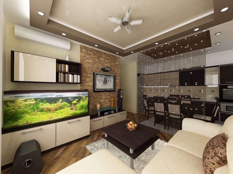 Recessed lights on the ceiling of the living room kitchen