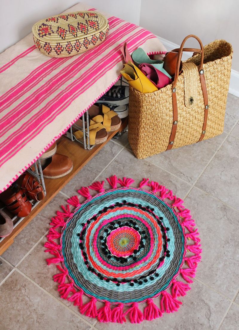 Beautiful knitted rug on the floor of the hallway