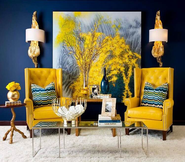 Blue accents in the interior of the living room with blue walls.