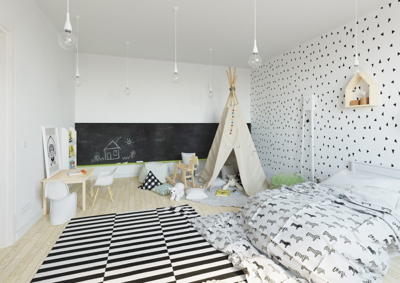 Interior of a children's room in a Scandinavian-style country house