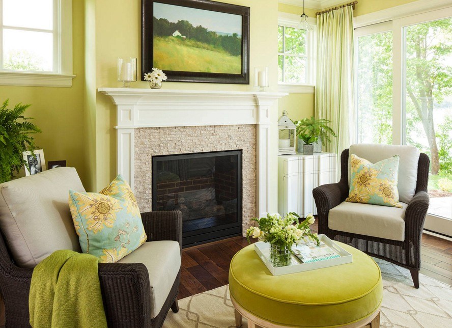 Living room interior with fireplace in a private house