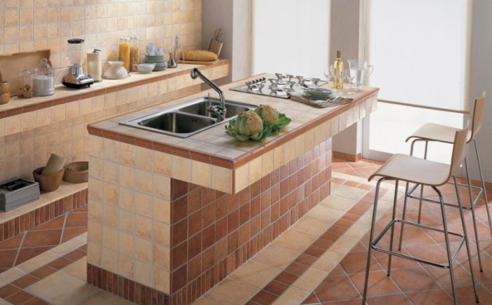 Tiled kitchen worktop.