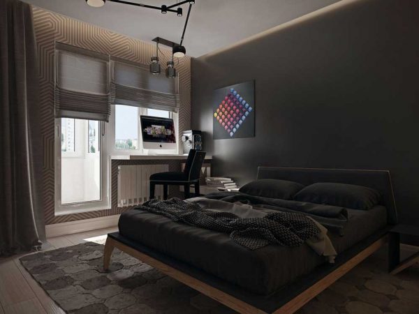 The bedroom combined with a loggia in dark shades