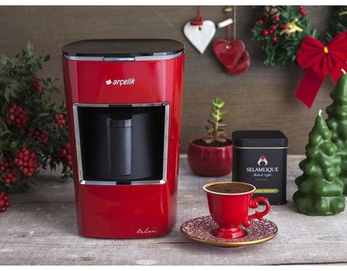 Red coffee machine.