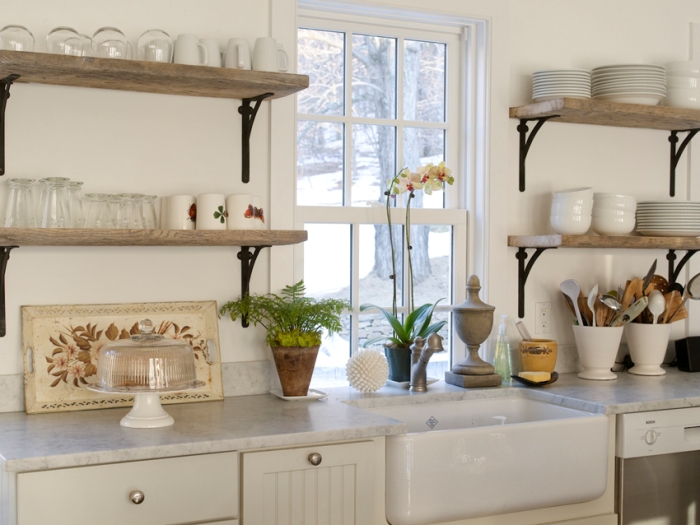 open shelves in the kitchen.