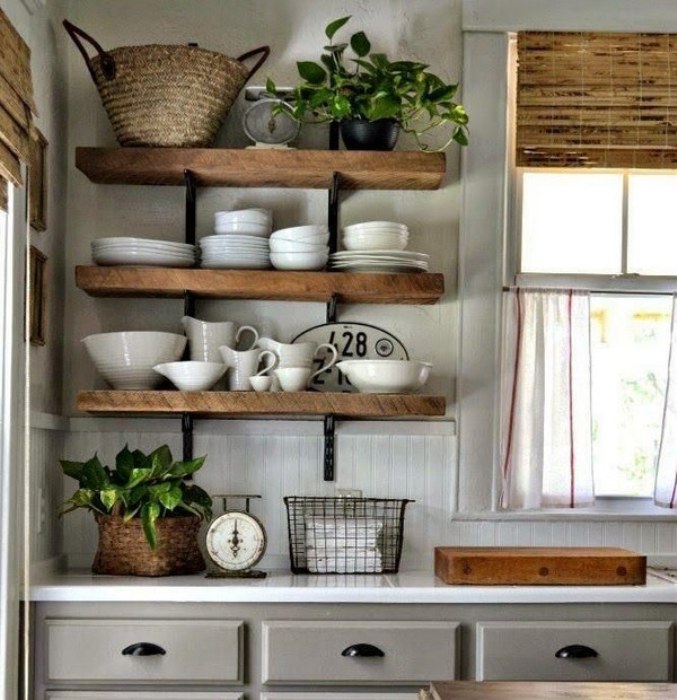 Installation of corner shelves for the kitchen.