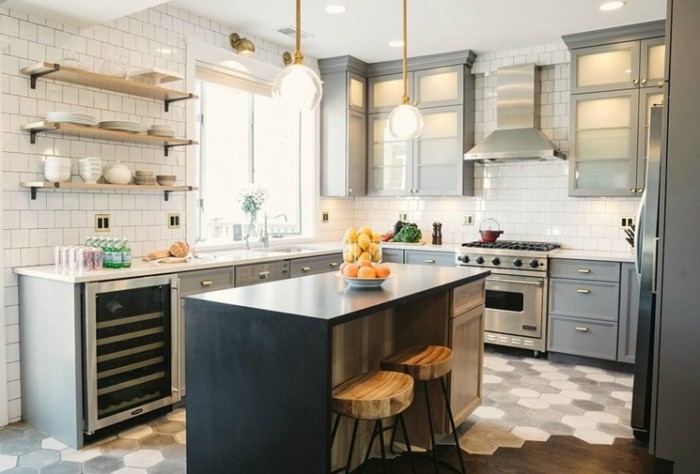 Kitchen design with shelves.